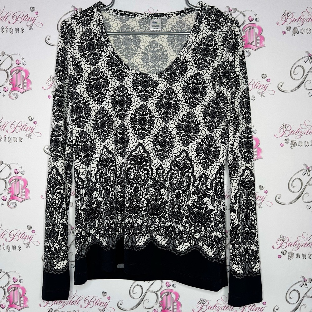 Jockey long sleeve lace print pattern black white soft stretchy buttery fabric